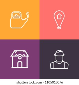 Modern, simple vector icon set on colorful background with steam, travel, helmet, marker, hot, web, pin, pot, map, people, kettle, real, kitchen, worker, drink, home, water, industrial, man, gps icons