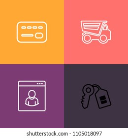 Modern, simple vector icon set on colorful background with dump, cargo, balance, machine, sign, plastic, house, car, pay, credit, social, heavy, dumper, unlock, business, internet, door, cash icons
