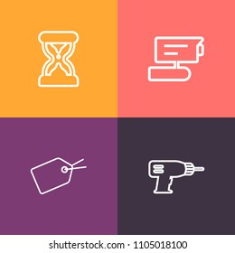 Modern, simple vector icon set on colorful background with tag, safety, repair, clock, timer, construction, sale, minute, measure, watch, camera, record, city, discount, power, hand, drill, work icons