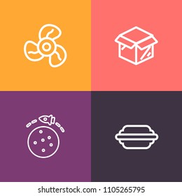 Modern, simple vector icon set on colorful background with surprise, space, unpacking, people, house, new, heat, science, food, rocket, tomato, cooler, air, travel, box, sandwich, planet, moving icons