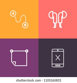 Modern, simple vector icon set on colorful background with office, earphone, headset, memo, device, cable, subscription, coaxial, message, sound, marker, sticky, location, gadget, object, wire icons