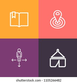 Modern, simple vector icon set on colorful background with internet, tourism, computer, sign, point, forest, education, recreation, outdoor, summer, click, document, vacation, cycle, page, road icons