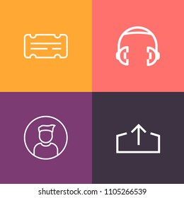 Modern, simple vector icon set on colorful background with headphone, concert, human, website, graphic, film, listen, paper, music, admission, upload, movie, audio, man, profile, ticket, theater icons