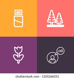 Modern, simple vector icon set on colorful background with tree, office, internet, pink, work, person, white, power, trunk, environment, outdoor, green, freelancer, coniferous, micro, park, pine icons
