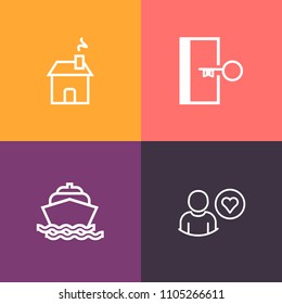 Modern, simple vector icon set on colorful background with vessel, white, estate, speed, door, apartment, online, website, residential, boat, real, technology, security, application, doorway icons