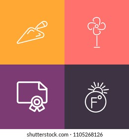 Modern, simple vector icon set on colorful background with meteorology, climate, screwdriver, weather, document, air, wind, electric, celsius, drill, shovel, graduation, degree, blower, rotation icons