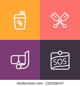 Modern, simple vector icon set on colorful background with fresh, label, oar, assistance, old, lime, mask, help, kayak, canoe, rescue, concept, snorkel, juice, alcohol, sos, drink, party, summer icons