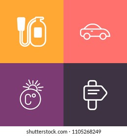 Modern, simple vector icon set on colorful background with thermometer, alarm, emergency, transportation, scale, red, fahrenheit, vehicle, cab, city, equipment, weather, firefighter, safety, way icons