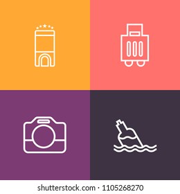 Modern, simple vector icon set on colorful background with airplane, airport, suitcase, movie, drink, plastic, bag, accommodation, media, bed, camcorder, film, transport, holiday, clean, flight icons