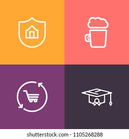 Modern, simple vector icon set on colorful background with froth, beer, refreshment, real, house, foam, education, family, home, glass, graduation, academic, mug, drink, pint, university, estate icons