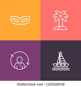 Modern, simple vector icon set on colorful background with vessel, motor, person, fun, theater, yacht, mask, blue, plant, branch, speed, leaf, masquerade, cruise, costume, exotic, water, report icons