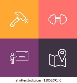 Modern, simple vector icon set on colorful background with city, travel, internet, work, barbell, fit, sportive, brush, workout, location, physical, gym, woman, equipment, computer, direction icons