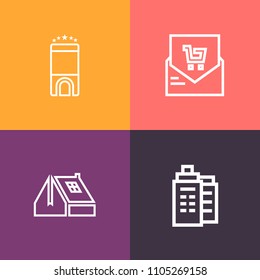 Modern, simple vector icon set on colorful background with bill, tourism, check, real, exterior, financial, accommodation, interior, style, supermarket, roof, roofing, purchase, bed, holiday icons