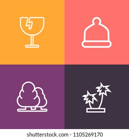 Modern, simple vector icon set on colorful background with pattern, coconut, clothing, silhouette, baseball, crack, accident, destruction, hat, tropical, forest, landscape, nature, wood, glass icons