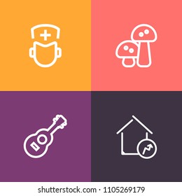 Modern, simple vector icon set on colorful background with real, musical, natural, mortgage, tasty, white, nurse, nature, ingredient, business, medicine, occupation, vegetarian, care, mushroom icons