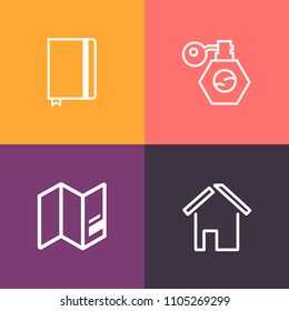 Modern, simple vector icon set on colorful background with global, notebook, perfume, object, blank, white, modern, architecture, continent, housing, container, page, business, cosmetic, paper icons