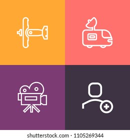 Modern, simple vector icon set on colorful background with broadcasting, retro, movie, communication, tripod, film, user, military, fighter, web, satellite, transport, war, tv, plane, television icons