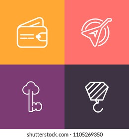 Modern, simple vector icon set on colorful background with purse, work, art, payment, finance, business, folk, card, concert, antique, industry, building, buy, structure, wooden, wallet, crane icons