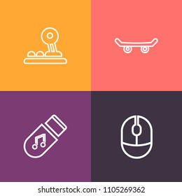 Modern, simple vector icon set on colorful background with media, melody, youth, style, equipment, technology, internet, mouse, input, arrow, data, urban, audio, musical, skateboard, street, fun icons