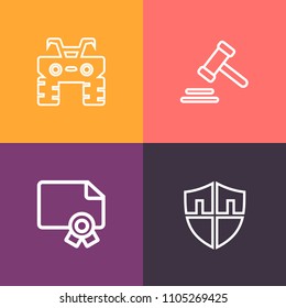 Modern, simple vector icon set on colorful background with authority, shield, motor, award, transportation, sport, legal, sign, road, law, achievement, atv, guard, gavel, justice, jury, quad icons