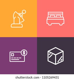 Modern, simple vector icon set on colorful background with account, balance, modern, money, planet, station, purchase, room, cardboard, double, home, communication, template, package, world, bed icons