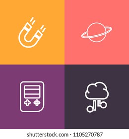 Modern, simple vector icon set on colorful background with universe, astronomy, field, server, south, technology, button, arrow, force, planet, solar, north, physics, orbit, science, sign, earth icons