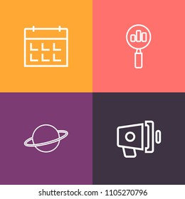 Modern, simple vector icon set on colorful background with space, time, message, business, galaxy, bullhorn, timetable, planet, office, science, loudspeaker, schedule, magnify, date, object, day icons