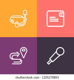 Modern, simple vector icon set on colorful background with concert, sea, beach, diving, snorkeling, finance, navigation, water, cash, studio, bag, radio, map, mask, travel, location, speech, mic icons
