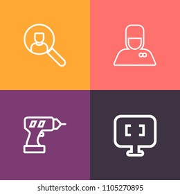Modern, simple vector icon set on colorful background with luggage, travel, metal, account, power, equipment, computer, technology, bellhop, bellman, application, device, bellboy, machine, tool icons