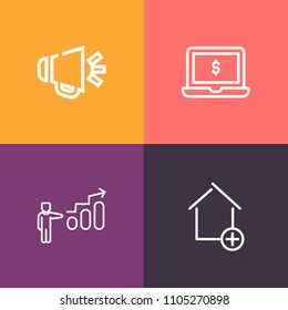 Modern, simple vector icon set on colorful background with equipment, laptop, music, object, audio, computer, building, display, screen, power, mobile, personal, sound, motivation, pc, career icons