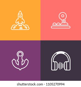 Modern, simple vector icon set on colorful background with space, earphones, orbit, object, sea, ear, element, nautical, spaceship, background, graphic, equipment, device, technology, launch icons