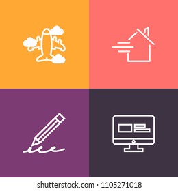 Modern, simple vector icon set on colorful background with loan, home, flight, air, airplane, transport, travel, transportation, internet, aircraft, drawing, business, real, sale, mortgage, buy icons