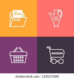 Modern, simple vector icon set on colorful background with trolley, supermarket, retail, folder, shop, purchase, ceramic, sale, file, business, market, blank, decoration, art, pottery, document icons