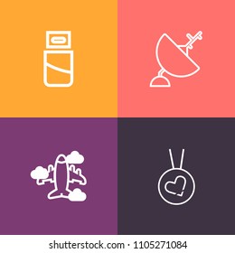 Modern, simple vector icon set on colorful background with transport, plug, airplane, aviation, device, jewel, cable, love, transfer, air, radar, space, hardware, transportation, technology, usb icons