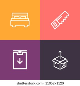 Modern, simple vector icon set on colorful background with white, work, hotel, room, apartment, repair, collection, packaging, building, people, drill, man, button, interior, box, equipment, bed icons