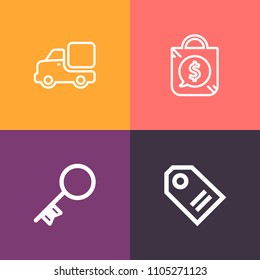 Modern, simple vector icon set on colorful background with trucking, retail, bag, shop, truck, secure, white, unlock, home, business, promotion, price, transport, lorry, safe, sale, delivery icons