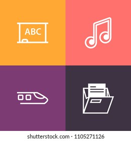Modern, simple vector icon set on colorful background with track, blank, travel, clef, class, transportation, sound, drawing, open, empty, file, treble, rail, paper, information, communication icons