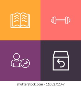 Modern, simple vector icon set on colorful background with chart, object, strength, textbook, return, box, book, library, education, physical, service, exercise, document, business, literature icons