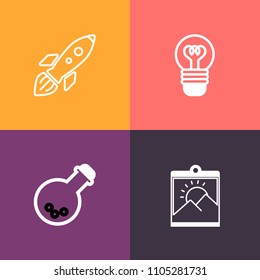 Modern, simple vector icon set on colorful background with vintage, art, retro, frame, lamp, bulb, spaceship, electricity, laboratory, orbit, technology, background, rocket, border, travel, ship icons