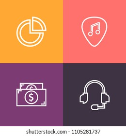 Modern, simple vector icon set on colorful background with concert, call, electric, headphone, sign, operator, wealth, data, headset, circle, currency, money, presentation, finance, microphone icons