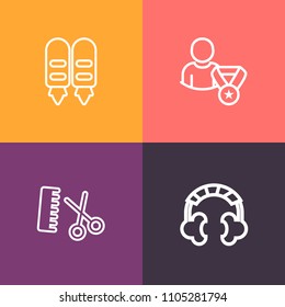 Modern, simple vector icon set on colorful background with style, barber, salon, object, online, headphones, haircut, hair, hairstyle, wireframe, subscribe, widget, care, stereo, device, headset icons