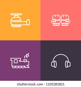 Modern, simple vector icon set on colorful background with audio, track, punch, blade, speed, aircraft, protection, fly, military, white, music, listen, aviation, sport, train, rotor, railway icons