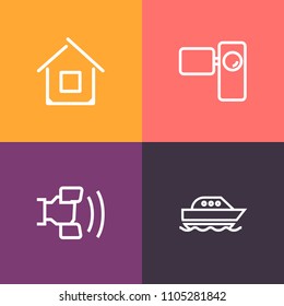 Modern, simple vector icon set on colorful background with building, sea, yacht, real, nautical, mobile, movie, retro, modern, ocean, property, cellphone, travel, smartphone, lens, home, door icons