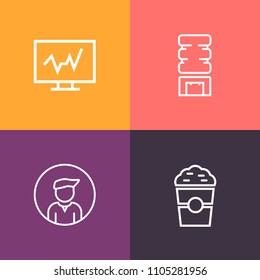 Modern, simple vector icon set on colorful background with clinic, box, man, computer, fashion, casual, summer, cooler, blue, white, medicine, medical, cafe, professional, hot, mug, cold, health icons