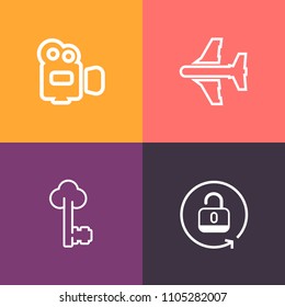 Modern, simple vector icon set on colorful background with safe, lock, airplane, old, television, aircraft, safety, movie, record, focus, commercial, black, equipment, lens, padlock, protection icons