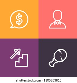 Modern, simple vector icon set on colorful background with fast, exit, meat, fried, label, menu, meal, restaurant, up, network, step, sale, food, circle, man, chicken, element, downstairs, white icons