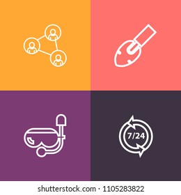 Modern, simple vector icon set on colorful background with equipment, mask, beach, mobile, construction, call, cellphone, cutout, website, water, snorkeling, display, service, white, element icons