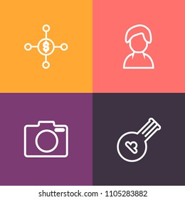 Modern, simple vector icon set on colorful background with violin, lens, people, musical, equipment, wooden, female, concert, head, investment, sound, business, bank, old, avatar, technology icons