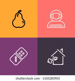 Modern, simple vector icon set on colorful background with food, key, property, white, spaceman, real, agent, sweet, cosmic, science, leisure, astronomy, sale, organic, juicy, galaxy, cosmonaut icons