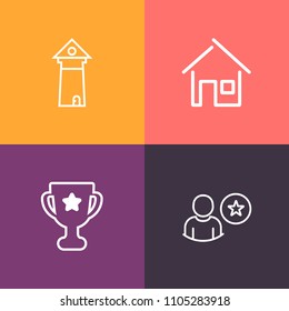 Modern, simple vector icon set on colorful background with website, tourism, ribbon, housing, residential, subscribe, construction, tower, famous, internet, rating, building, first, property icons
